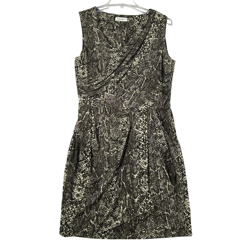 Calvin Klein Dress Womens 6 Brown Animal Print Cowl Neck Sheath Lined Workwear